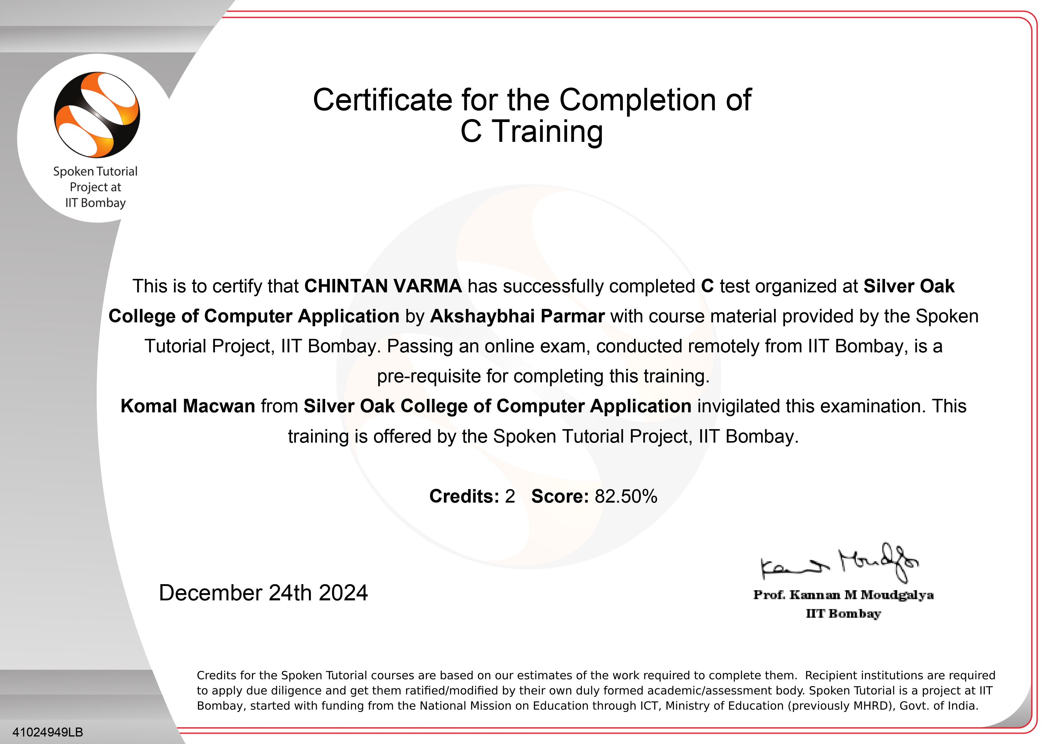 Chintan Varma Certification