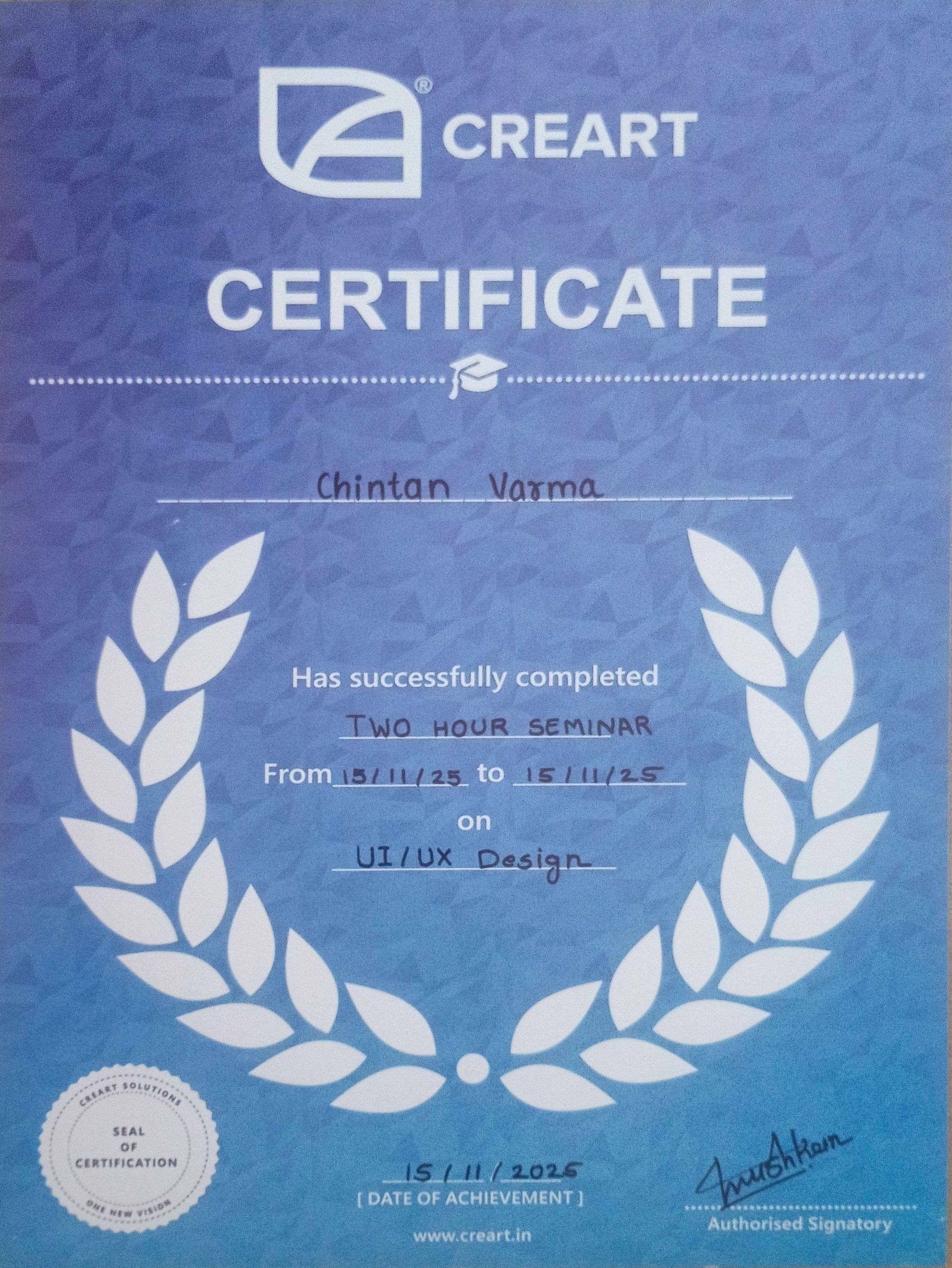 Chintan Varma Certification