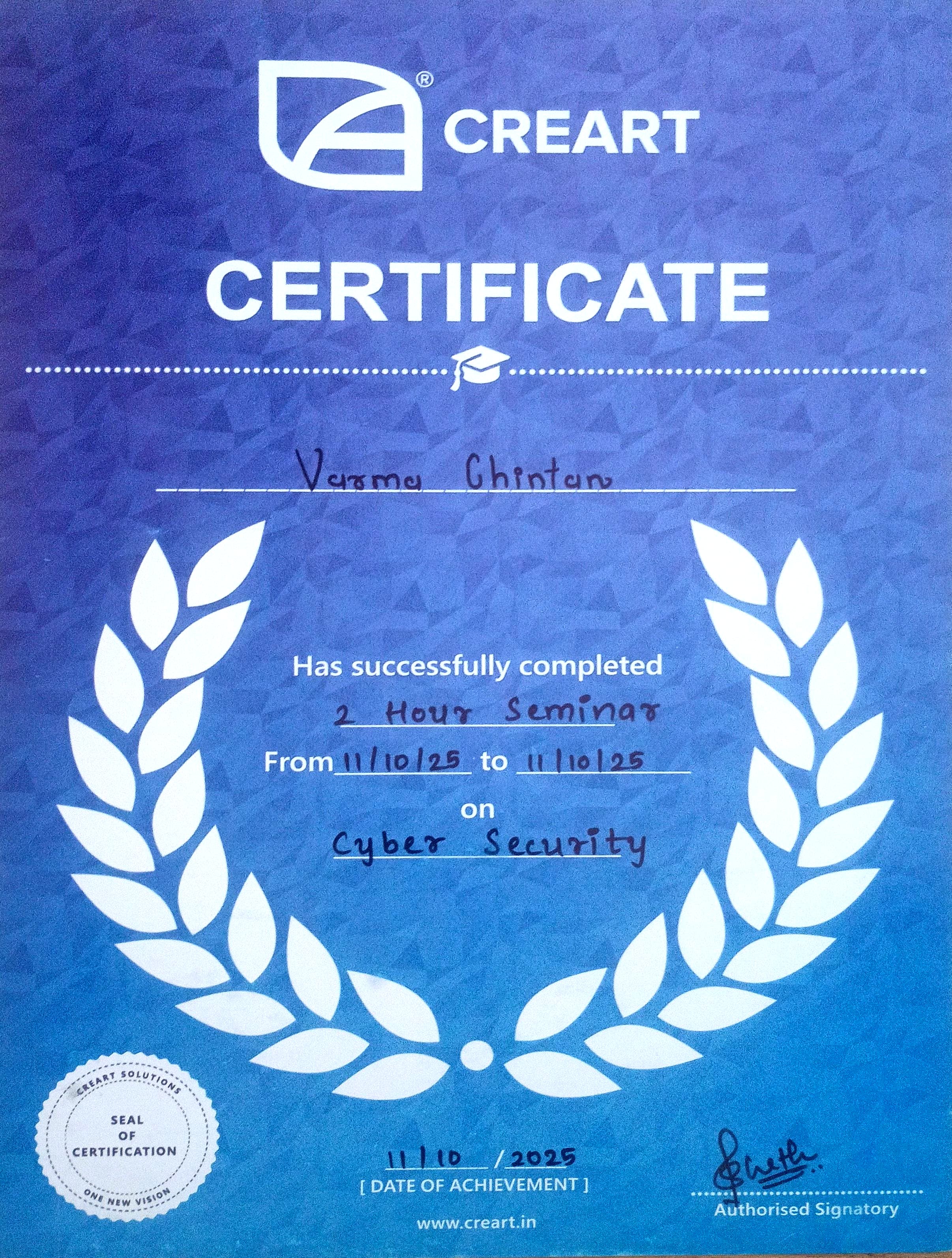 Chintan Varma Certification