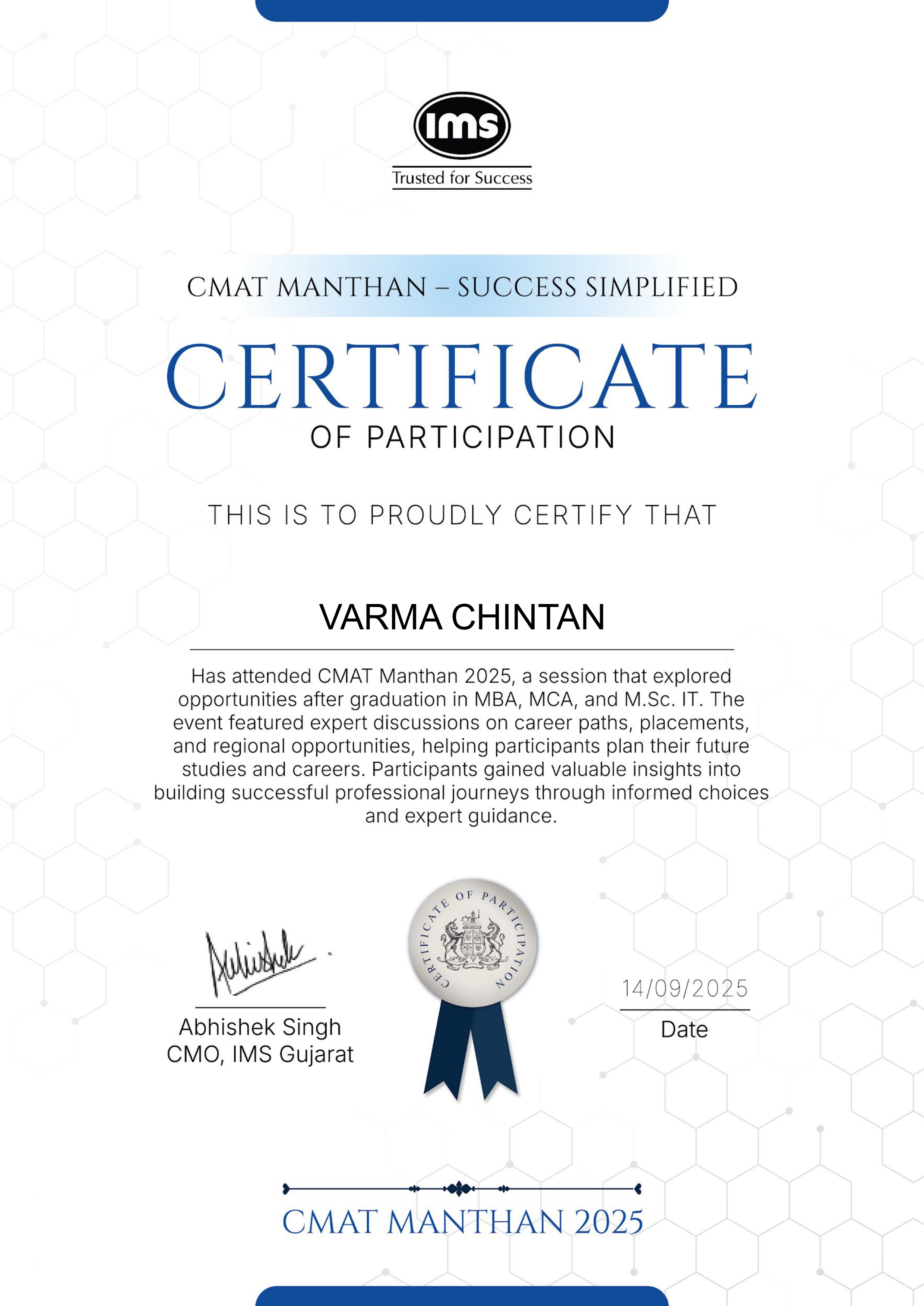 Chintan Varma Certification