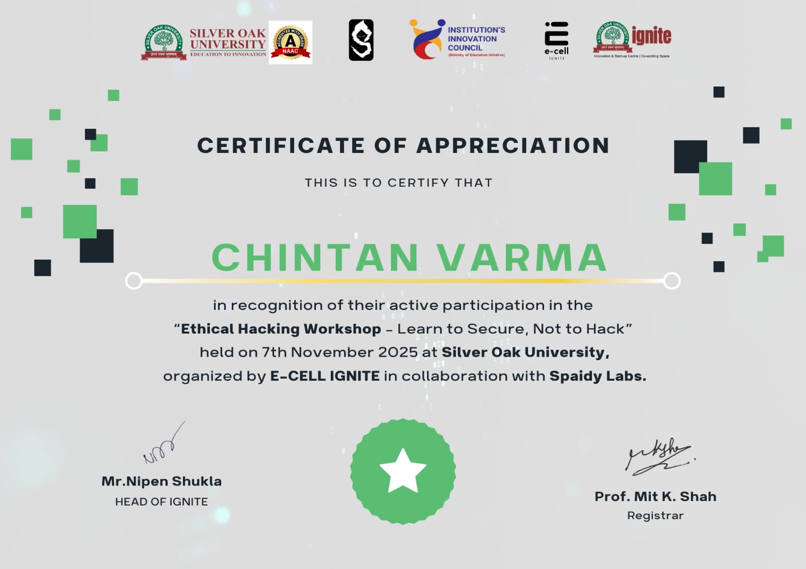 Chintan Varma Certification
