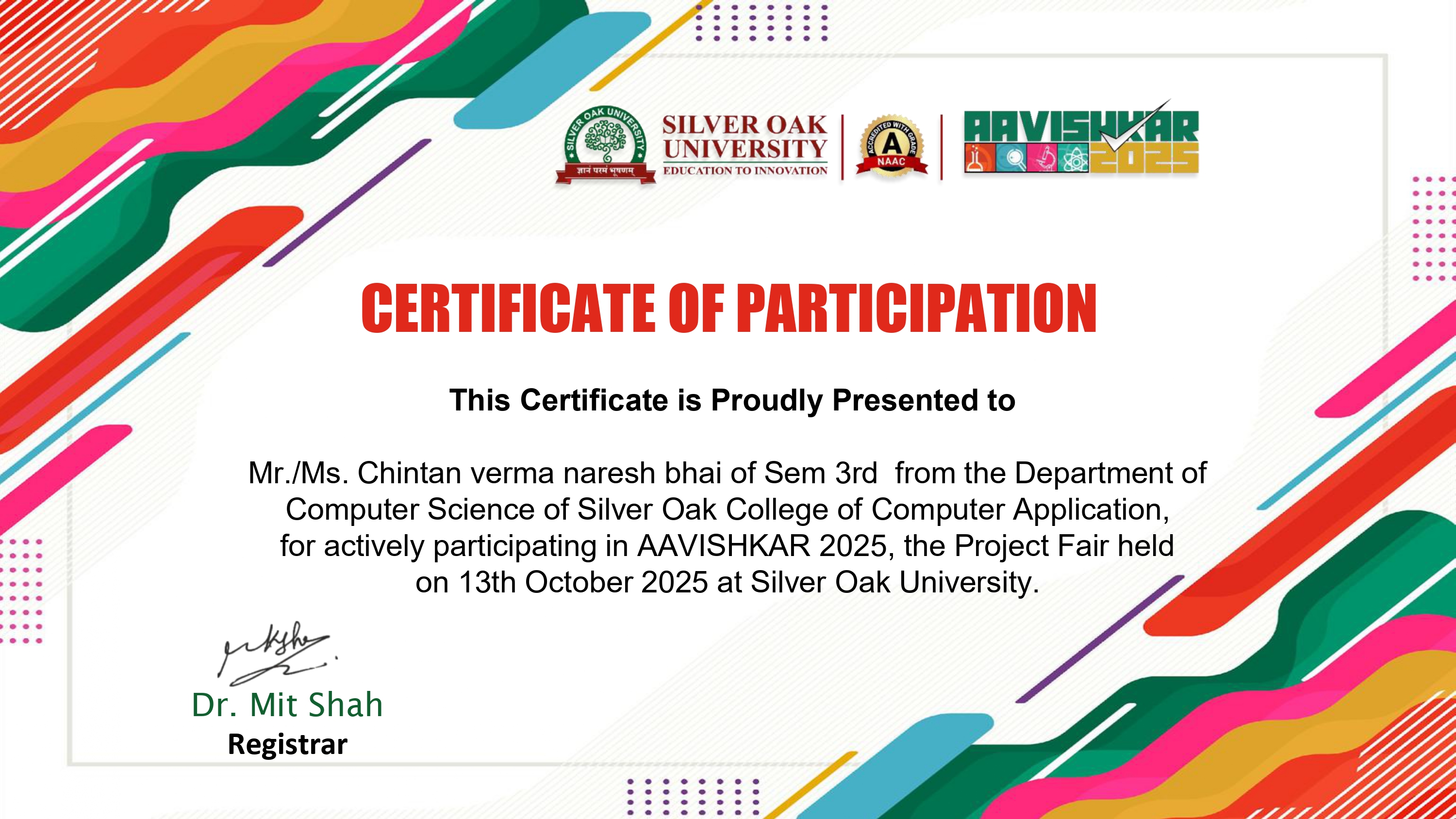 Chintan Varma Certification