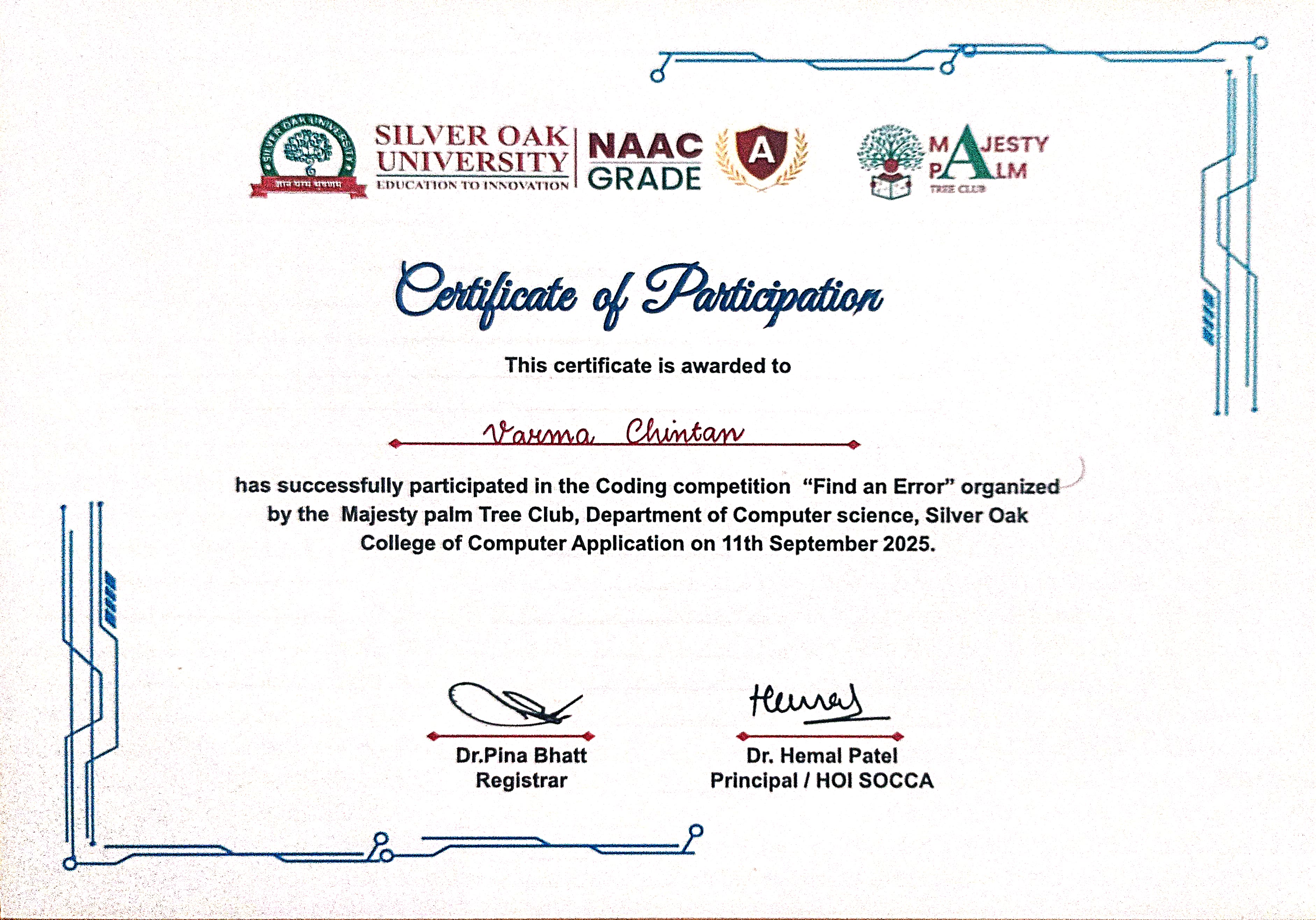 Chintan Varma Certification